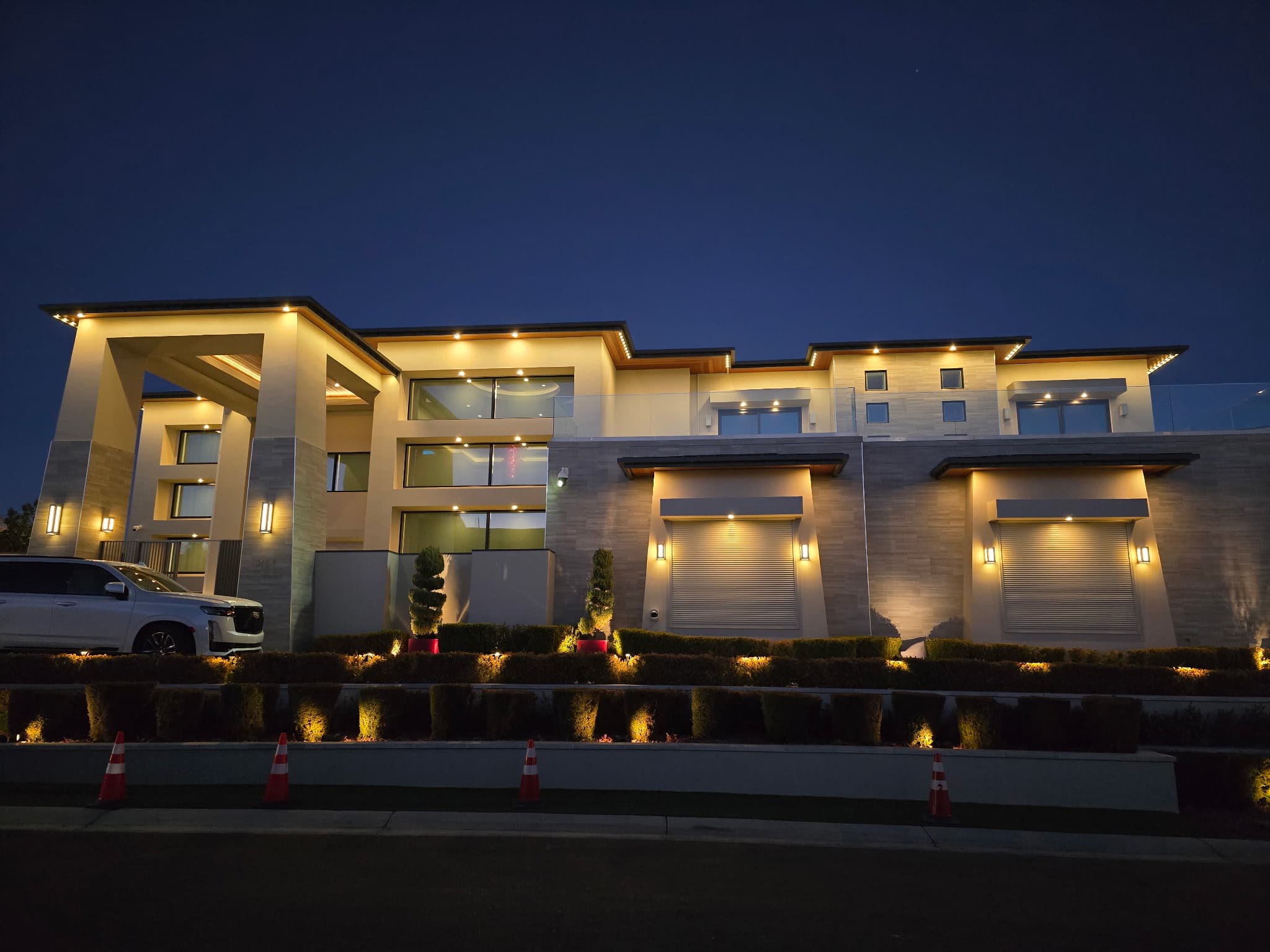 Luxury modern estate with permanent holiday lighting